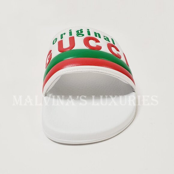GUCCI SHOES MENS ORIGINAL WHITE LEATHER RUBBER SLIDE SANDAL w WEB sz 8G 8.5 US - Picture 8 of 15